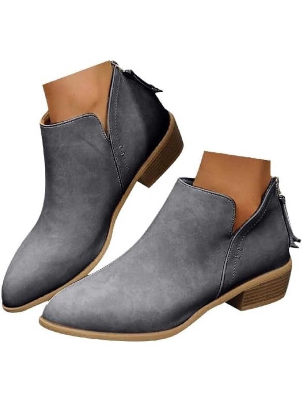 Women Suede Ankle Cowboy Boots Pointed Toe Low Block Heel Western Booties-Grey2